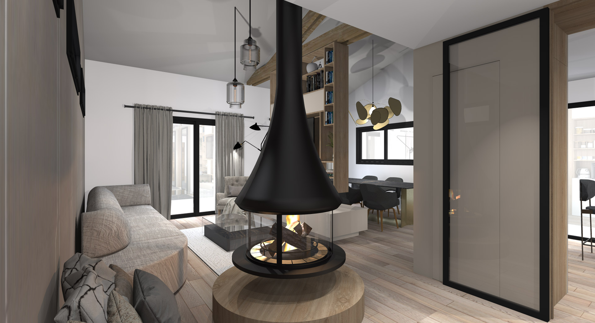 KLR : Architecture intérieure d’une maison neuve à Paris, séjour avec cheminée.