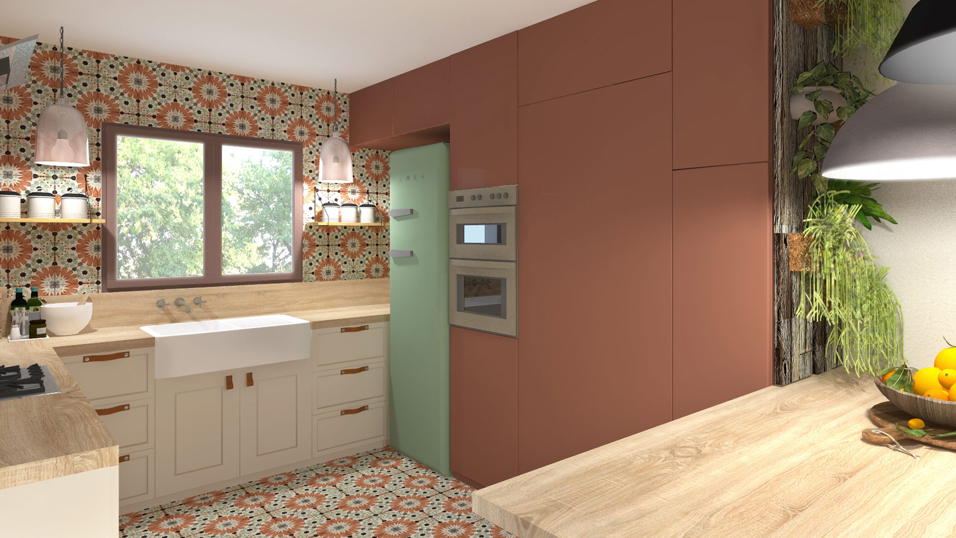 KLR : Rénovation d’une maison dans le Beaujolais, cuisine en carreaux ciments.